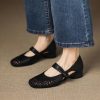 Women's Casual Cutout Leather Low Thick Heel Round Toe Sandals