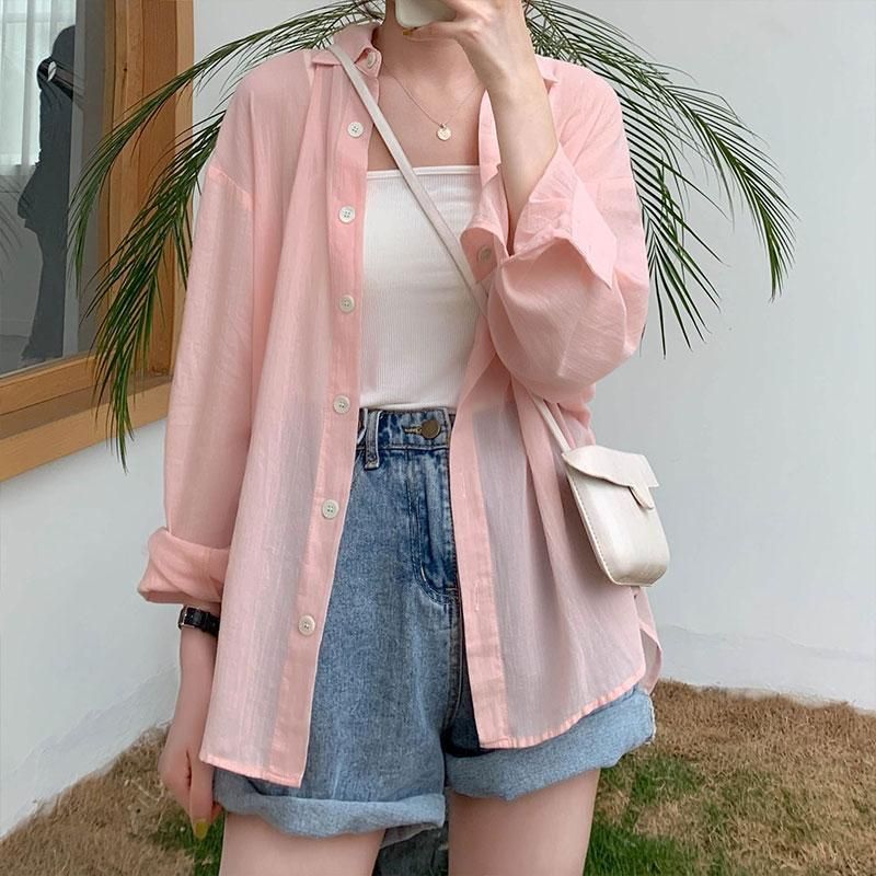 Women's Shimmer Sheer Long Sleeve Loose Polo Collar Patchwork Blouse - Image 2