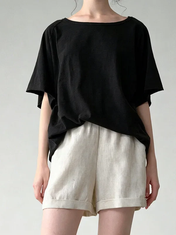 Minimalist Washed Cotton Womens Loose Short Sleeve Crew Neck T Shirt