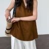 French Riviera Breathable Linen Lyocell Womens Halter V Neck Top