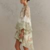 Boho Printed Ruffled Flare Sleeve Stretchy Polyester Womens Mini Dress