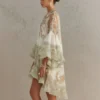 Boho Printed Ruffled Flare Sleeve Stretchy Polyester Womens Mini Dress
