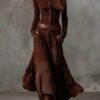 Boho Cotton Blend Spliced Womens High Waist Long Sleeve Maxi Dress