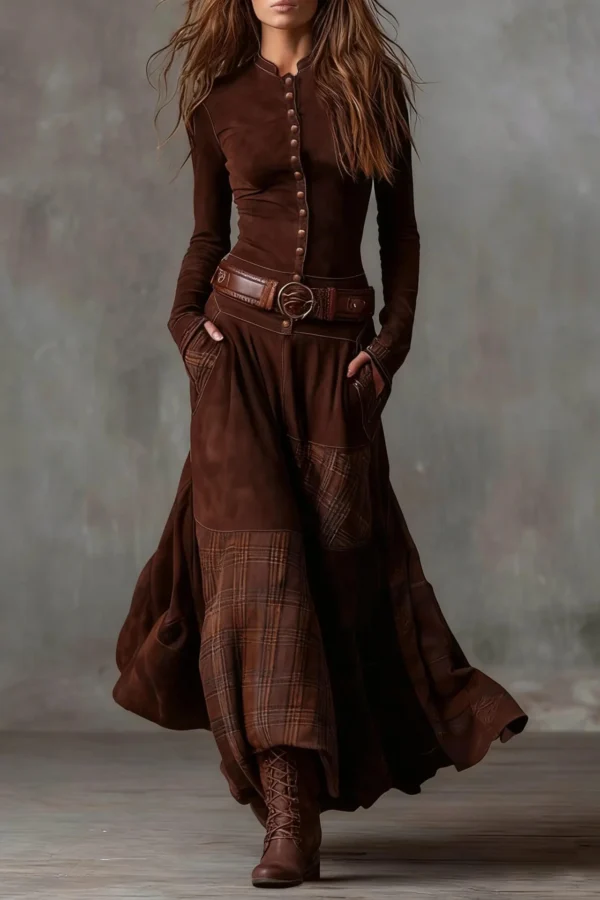 Boho Cotton Blend Spliced Womens High Waist Long Sleeve Maxi Dress