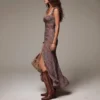 Boho Ruched Floral Stretchy Polyester Womens Split Maxi Dress
