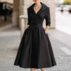 Elegant Timeless Stretch Polyester Womens Lapel High Waist Midi Dress