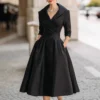 Elegant Timeless Stretch Polyester Womens Lapel High Waist Midi Dress