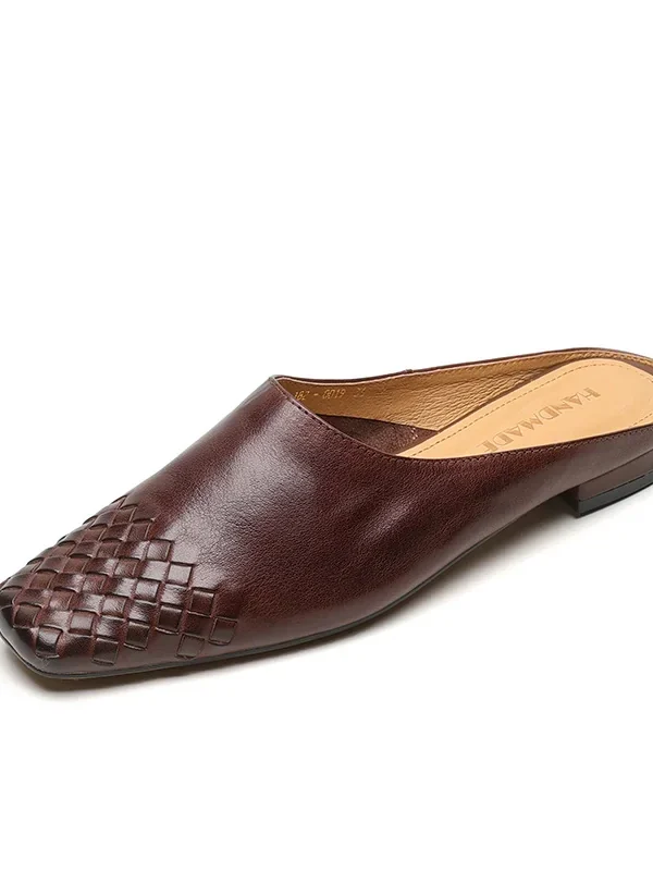 Minimalist Woven Genuine Leather Womens Square Toe Flat Mules
