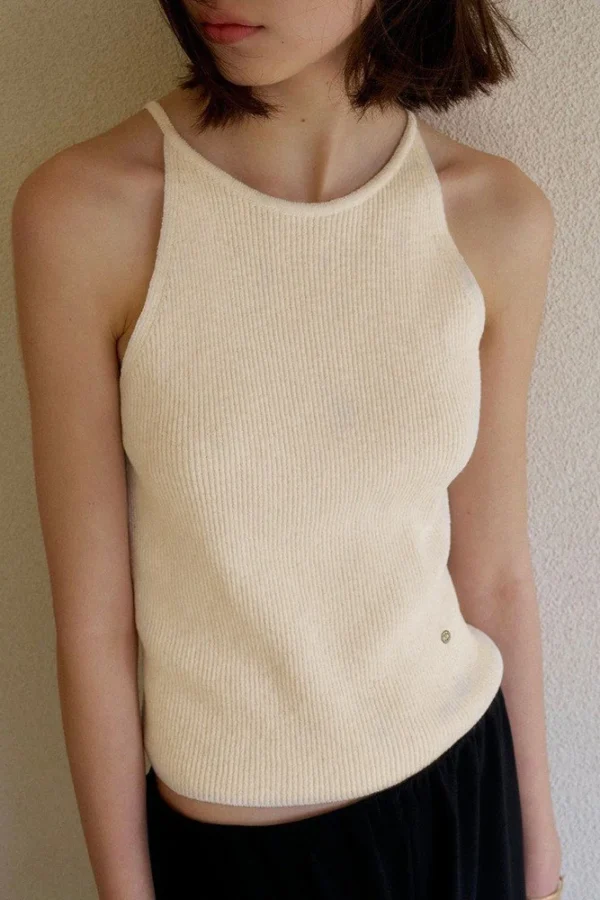 Minimalist Cotton Linen Ribbed Knit Womens Slim Fit Halter Vest