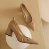 Timeless Grained Cow Leather Womens Pointed Toe Block Heel Court Shoes