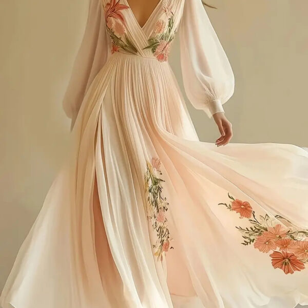 French Riviera 3D Floral Print Breathable Womens V Neck Maxi Dress