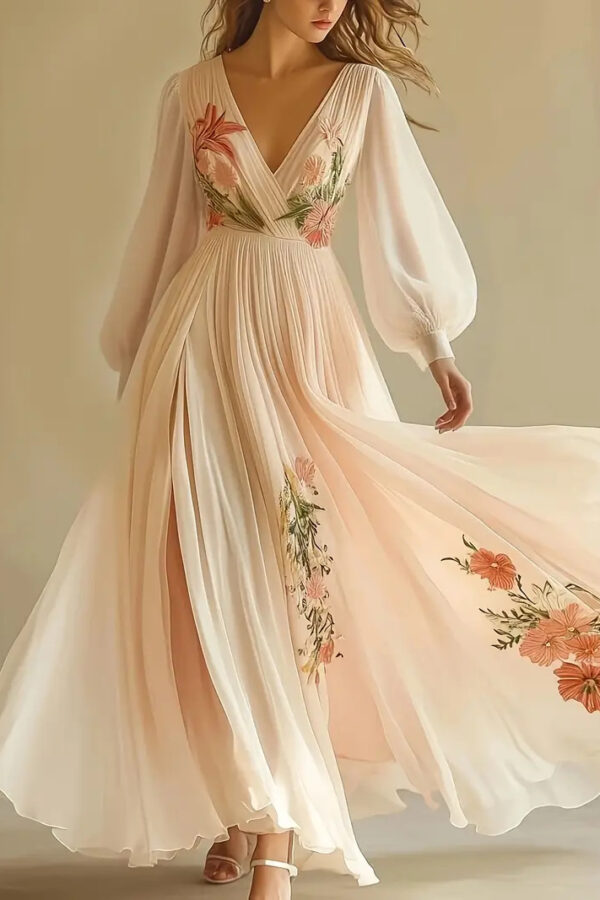 French Riviera 3D Floral Print Breathable Womens V Neck Maxi Dress