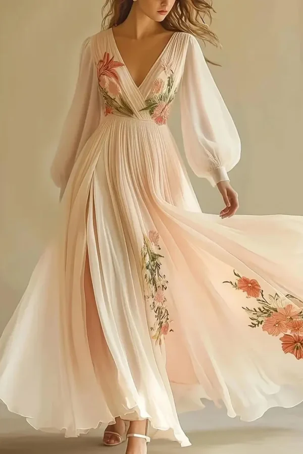 French Riviera 3D Floral Print Breathable Womens V Neck Maxi Dress