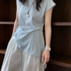 Minimalist Breathable Cotton Blend Womens Asymmetric Hem Cap Sleeve T Shirt