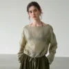 Minimalist Breathable Ramie Sheer Womens Long Sleeve Drawstring Top