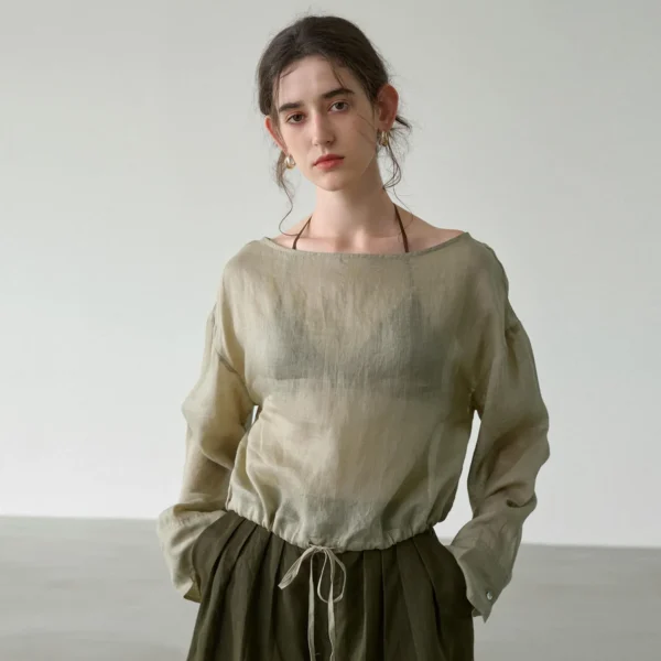 Minimalist Breathable Ramie Sheer Womens Long Sleeve Drawstring Top