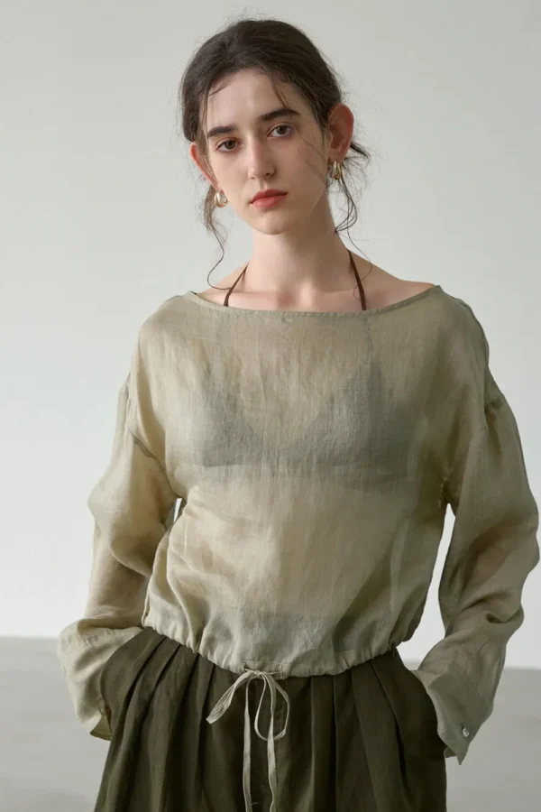 Minimalist Breathable Ramie Sheer Womens Long Sleeve Drawstring Top