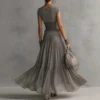 Boho Fringe Lace Shirred Womens Grey Two Piece Maxi Skirt Set