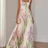 French Riviera Pleated Floral Print Stretch Polyester Womens Maxi Dress