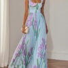 French Riviera Pleated Floral Print Stretch Polyester Womens Maxi Dress