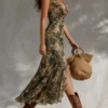 Boho Ruffled Ruched Tropical Print Split Breathable Womens Maxi Dress