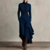 Timeless Stretchy Polyester Womens Turtleneck Irregular Hem Maxi Dress