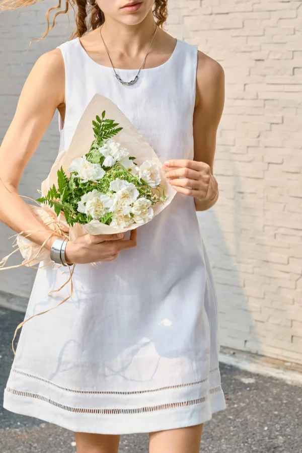 Minimalist Scalloped Edge Linen Blend Womens Sleeveless Midi Dress