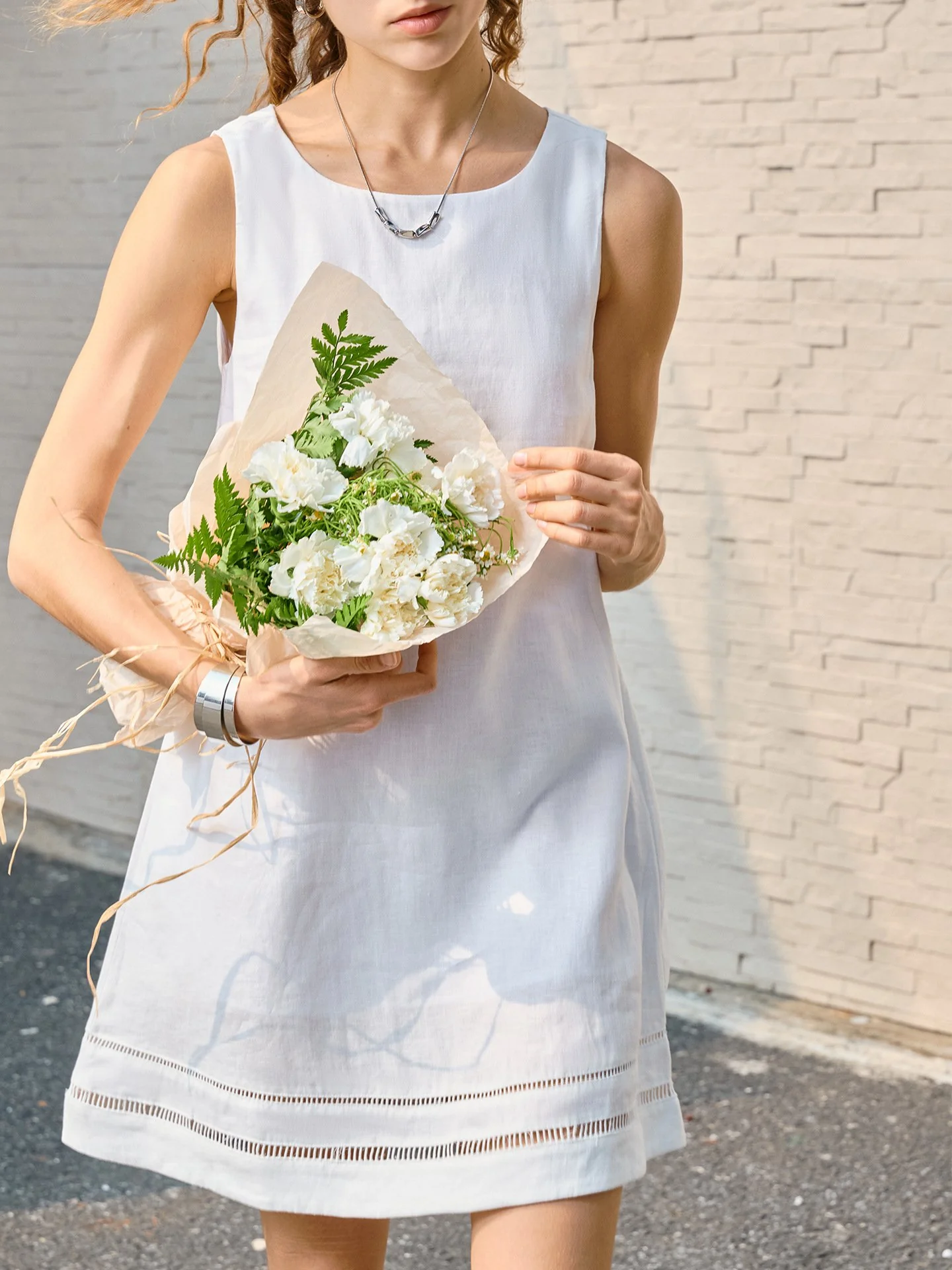 Minimalist Scalloped Edge Linen Blend Womens Sleeveless Midi Dress