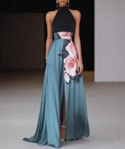 Timeless Floral Print Womens Halter Maxi Evening Dress