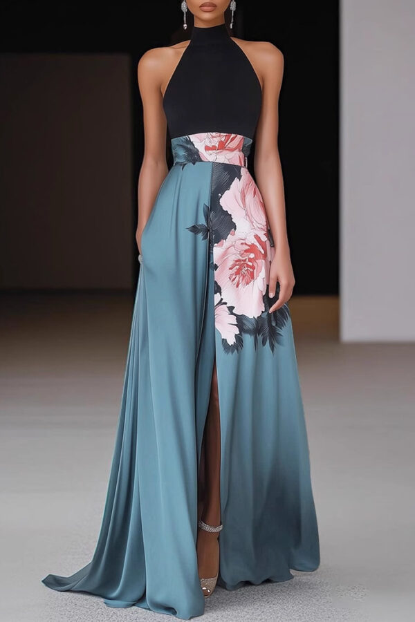 Timeless Floral Print Womens Halter Maxi Evening Dress