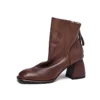 Vintage Top Grain Cowhide Womens Square Toe Block Heel Ankle Boots