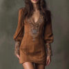Boho Embroidery Stretch Polyester Womens Long Sleeve Mini Dress