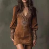 Boho Embroidery Stretch Polyester Womens Long Sleeve Mini Dress