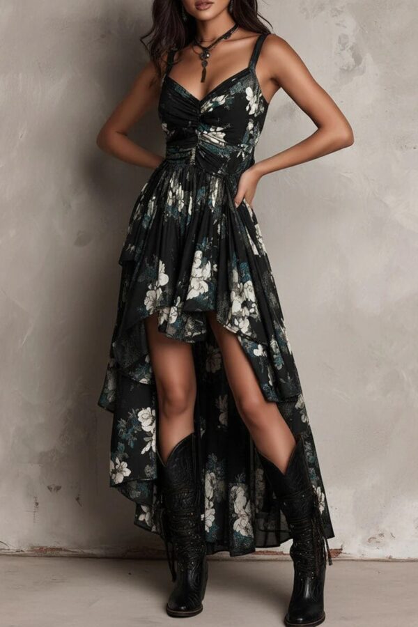 Boho Floral Print Stretchy Polyester Womens Spaghetti Strap Maxi Dress