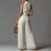 Minimalist Commuter Cream Pleated Wide Leg Womens Jumpsuit