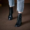 Vintage Top Grain Cowhide Womens Square Toe Block Heel Ankle Boots