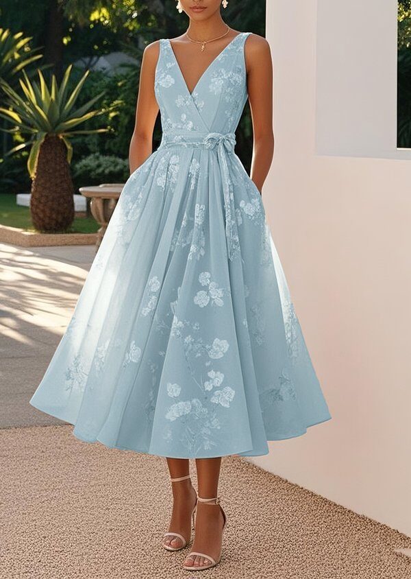 French Riviera Floral Print Stretch Polyester Womens V Neck Midi Dress