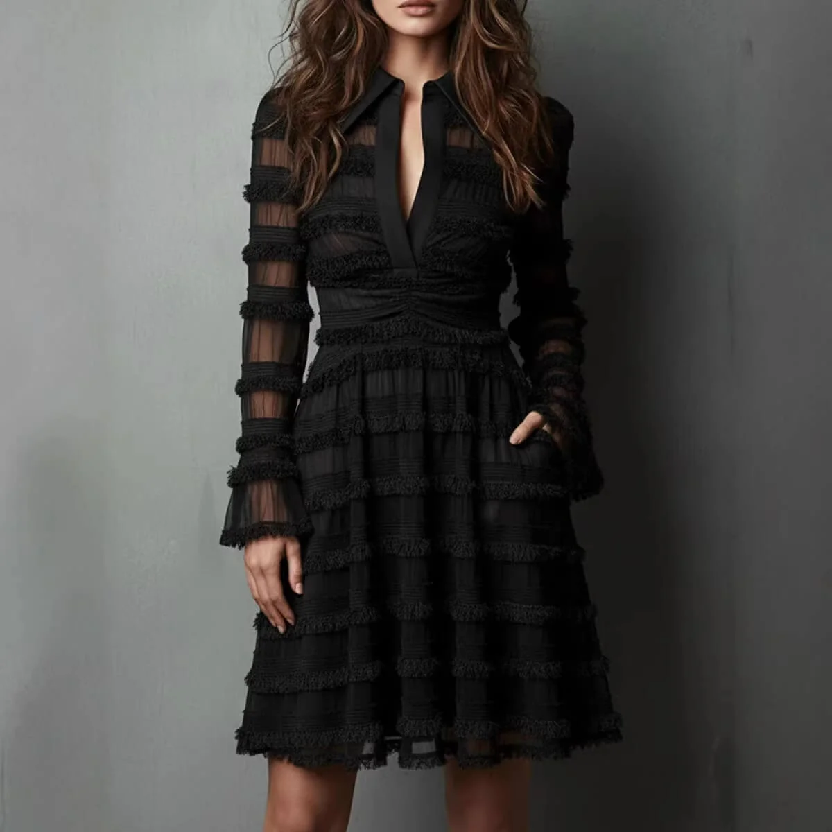 Timeless Sheer Fringed Stretchy Polyester Womens Slim Fit Midi Dress