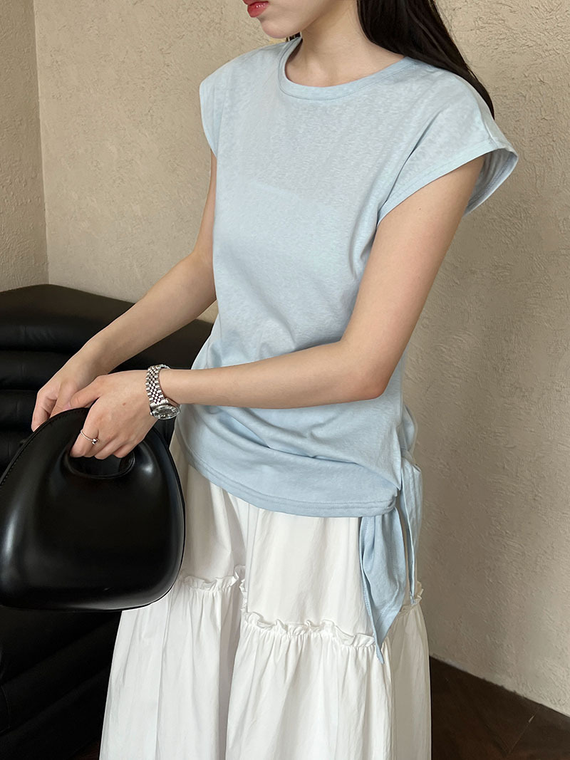 Minimalist Breathable Cotton Blend Womens Asymmetric Hem Cap Sleeve T Shirt