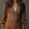Boho Embroidery Stretch Polyester Womens Long Sleeve Mini Dress