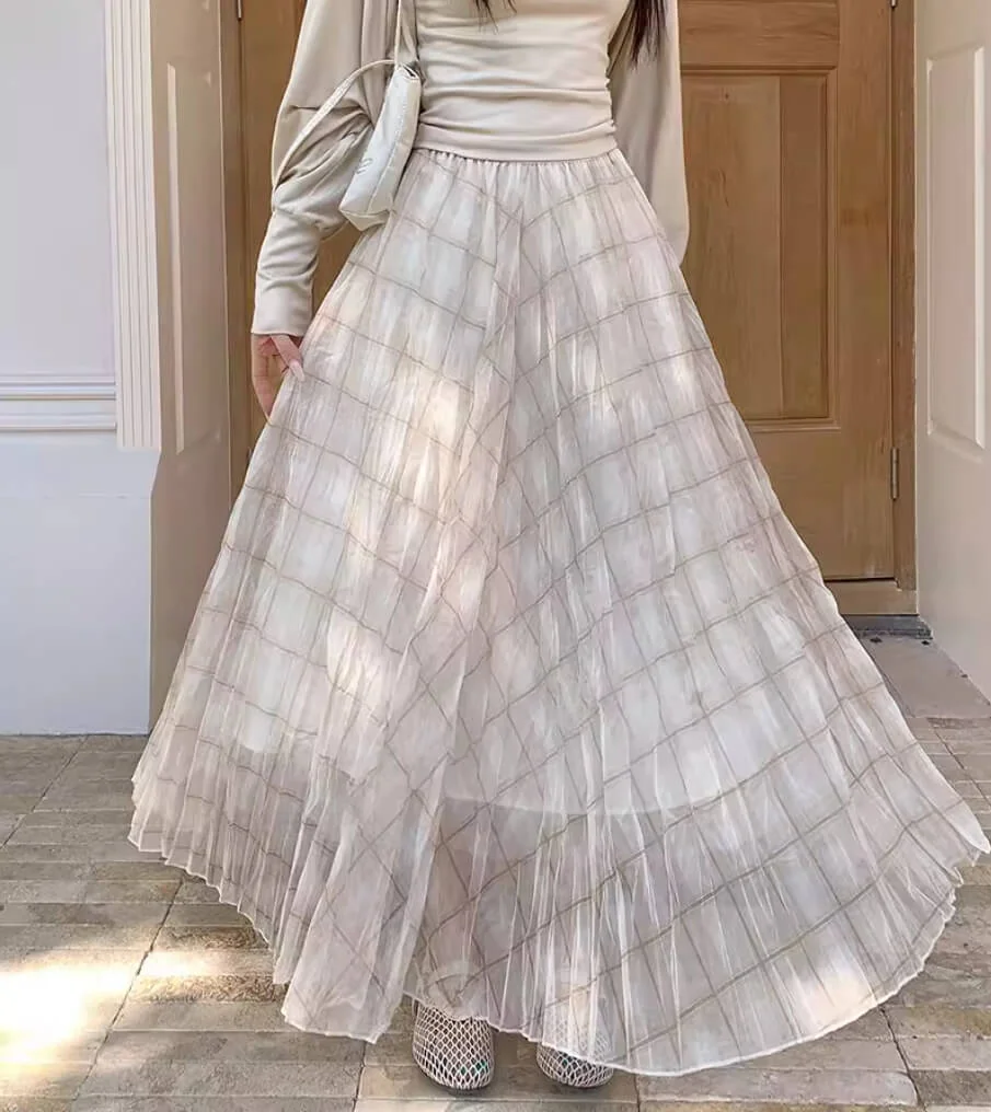 Elegant Breathable Crinkled Plaid Polyester Blend Womens Maxi Skirt