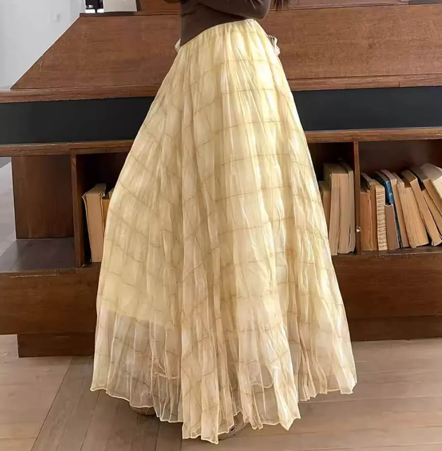 Elegant Breathable Crinkled Plaid Polyester Blend Womens Maxi Skirt