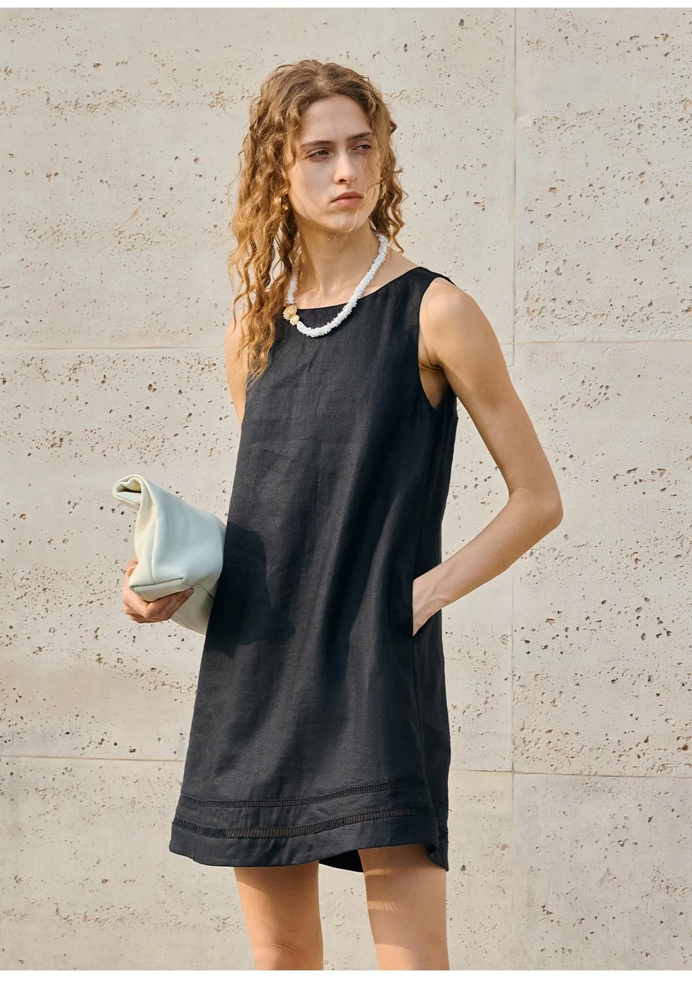 Minimalist Scalloped Edge Linen Blend Womens Sleeveless Midi Dress