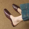 Minimalist Woven Genuine Leather Womens Square Toe Flat Mules