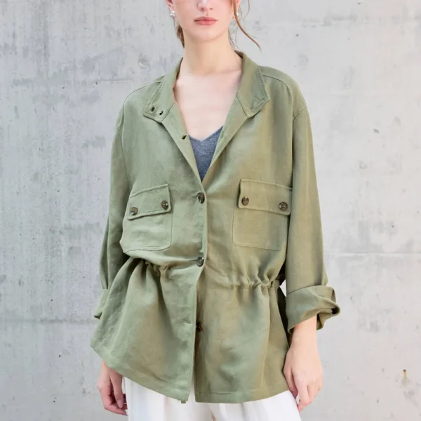 Timeless Sustainable Linen Blend Ruched Waist Utility Shirt Jacket