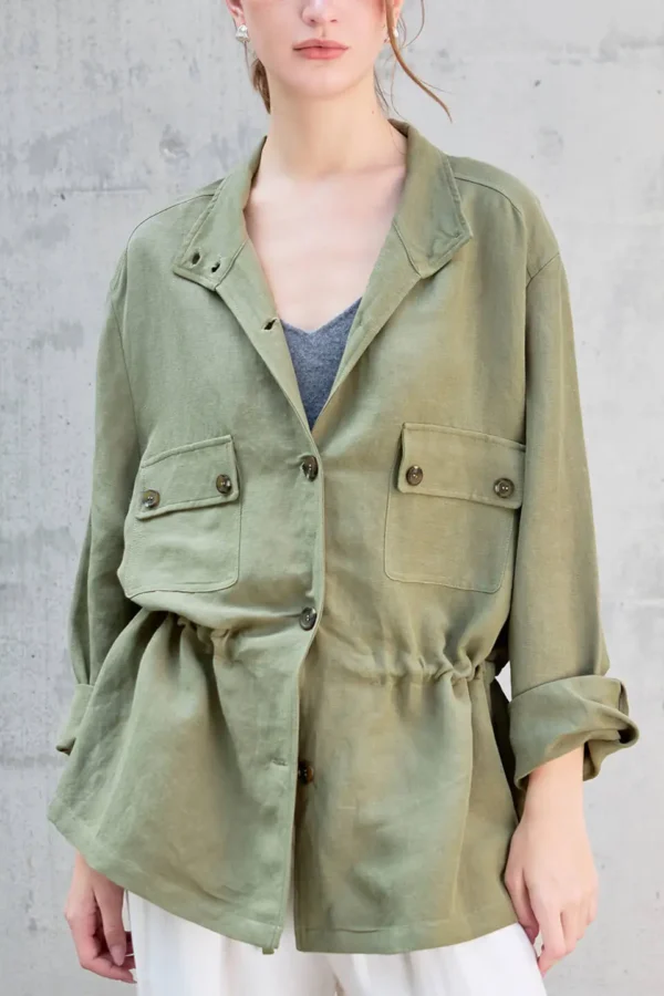 Timeless Sustainable Linen Blend Ruched Waist Utility Shirt Jacket