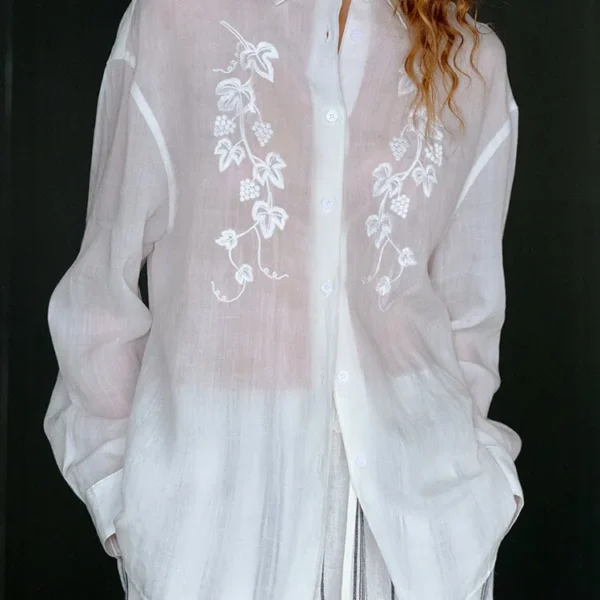 Minimalist Sheer Ramie Lyocell Embroidered Long Sleeve Shirt