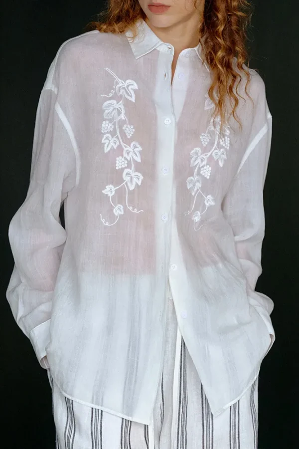 Minimalist Sheer Ramie Lyocell Embroidered Long Sleeve Shirt