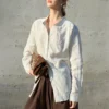 Minimalist Breathable Linen Cotton Striped Womens Stand Collar Shirt