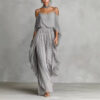 Timeless Grey Flowy Chiffon Womens Cold Shoulder Wide Leg Trouser Pants Set